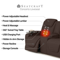 Seatcraft Concerto Heat & Massage Loveseat, Italian Leather, Powered Headrest, Powered Lumbar, Power Recline