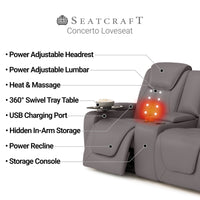 Seatcraft Concerto Heat & Massage Sofa & Loveseat, Italian Leather, Powered Headrest, Powered Lumbar, Power Recline
