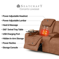 Seatcraft Concerto Heat & Massage Loveseat, Italian Leather, Powered Headrest, Powered Lumbar, Power Recline