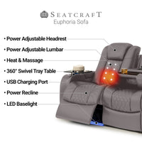 Seatcraft Euphoria Heat & Massage Sofa & Loveseat, Italian Leather, Powered Headrest, Powered Lumbar, Power Recline