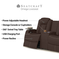 Seatcraft Omega Sofa & Loveseat Leather Gel, Powered Headrest, Power Recline, Black or Brown