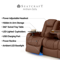 Seatcraft Anthem Sofa Italian Leather, Powered Headrest, Power Recline