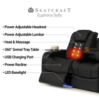Seatcraft Euphoria Heat & Massage Sofa & Loveseat, Italian Leather, Powered Headrest, Powered Lumbar, Power Recline