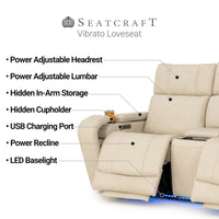 Seatcraft Vibrato SoundShaker Immersive Audio w/ Bluetooth Sync, Top Grain Leather Home Theater Loveseat